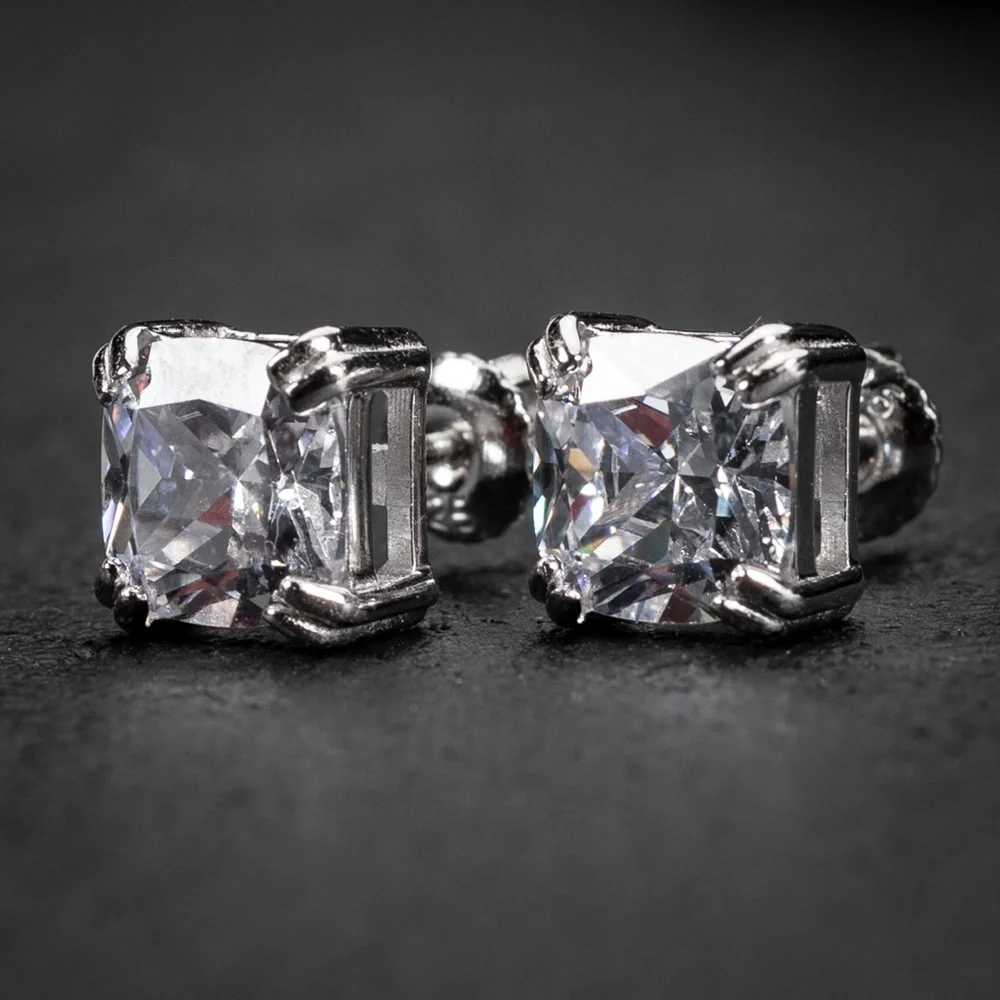 White Gold Plated 925 Sterling Silver Cushion Cut Screw Back Stud Earrin…